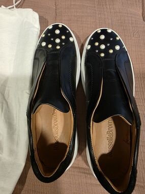 Russell & Bromley Black Pearl-Embellished Platform Slip-Ons